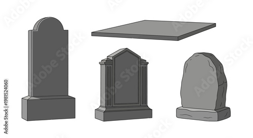 Collection of diverse gravestones and tombstone designs, including upright, ornate, and slab styles.