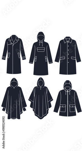 Collection of raincoats and ponchos icons, outerwear for bad weather
