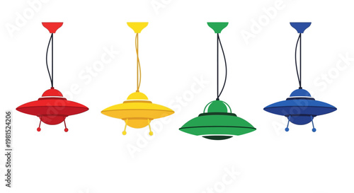 Four Colorful Retro UFO Flying Saucer Pendant Lamps