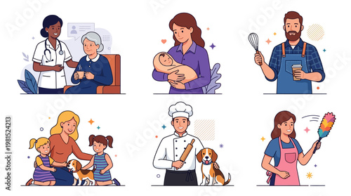 Flat Vector Illustration Set of People in Different Life Roles and Professions including Healthcare, Parenting, Cooking, and Cleaning