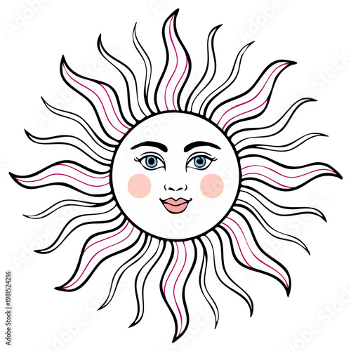 Stylized anthropomorphic sun with cheerful face and vibrant wavy rays illustration