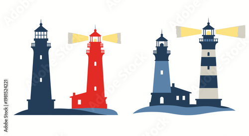 Lighthouse Pair, Nautical Navigation, Coastal Beacons, Maritime Safety, Seaside Illustration