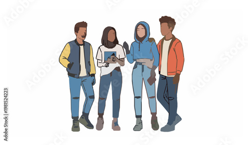 Millennials teenagers stylish friends outline cartoon vector illustration
