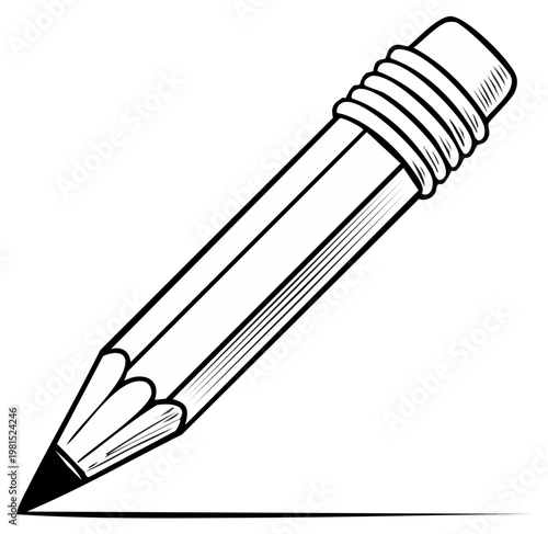 Simple black and white drawing of a sharpened graphite pencil with an eraser on a blank surface