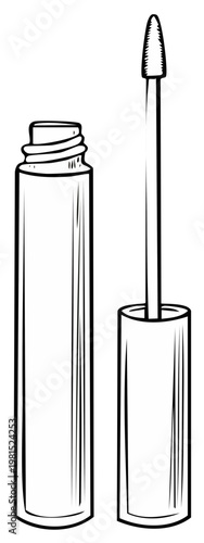 Hand drawn illustration of mascara tube and applicator wand for makeup application