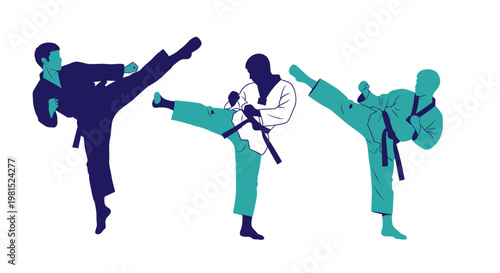 Martial Arts Action: Three Taekwondo Fighters Performing Kicks in Dynamic Poses