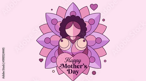 Happy Mother's Day Stylized Illustration of Nurturing Mother and Breastfeeding Concept in Floral Heart