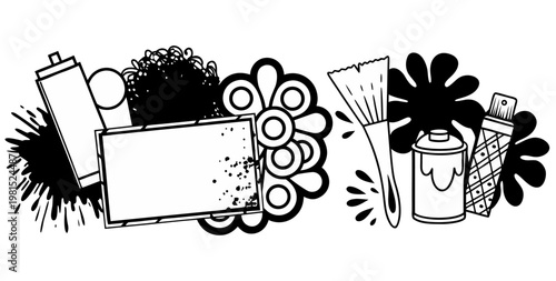 Vector illustration of hand drawn art objects and paint splashes in noir style, black and white frame street art graffiti elements with paint cans and brushes.