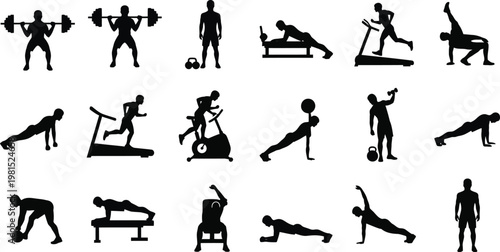 Comprehensive illustration of various exercises and physical activities for fitness routines