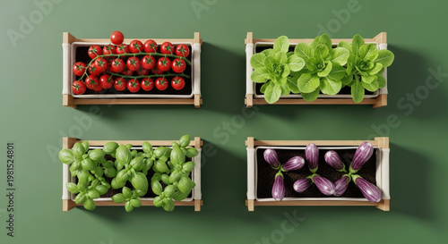 Fresh organic garden vegetables and herbs growing in planters on a green wall top view minimalist arrangement for home gardening