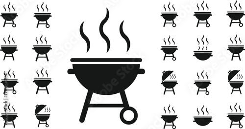 Black and white grill icons set barbecue cooking and outdoor summer activities