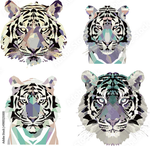 Luxury Korean mother-of-pearl tiger illustration, geometric stained glass style.