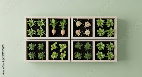 Overhead close-up of assorted root vegetables and leafy greens in wooden planter boxes against a light green background