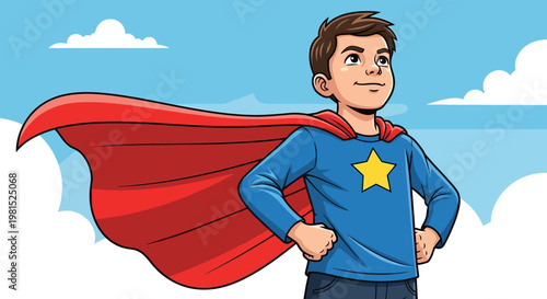 Young boy superhero in red cape stands confidently under blue sky