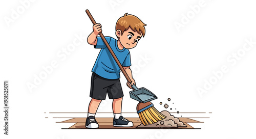 Young boy sweeping dirt with broom and dustpan