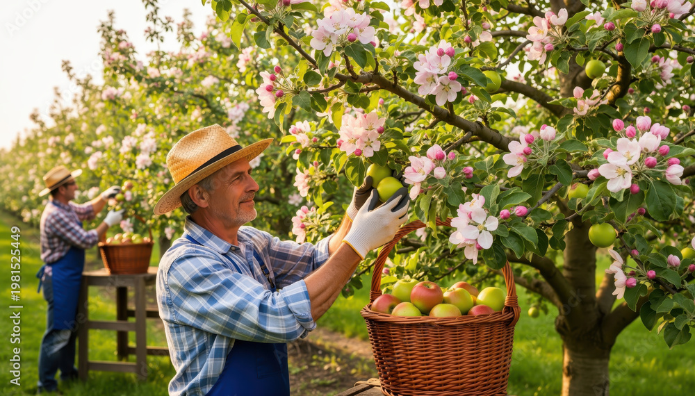 Fototapeta premium Orchard Harmony: Fruit farmers diligently harvest ripe apples from blooming trees in a picturesque orchard, celebrating the bounty of nature's harvest with their teamwork.