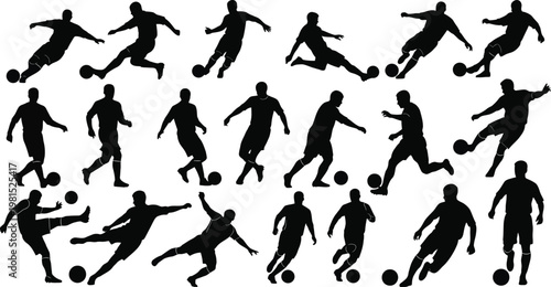 Dynamic silhouettes of soccer players in various action poses with a ball
