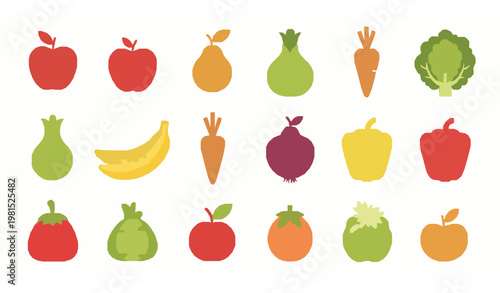 Cute cartoon fruits and vegetables set with apple banana carrot and pepper healthy food vector