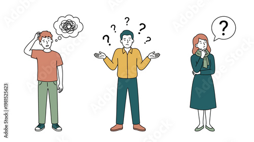 Diverse group of office workers looking confused and uncertain with question marks and thought bubbles on white background, ideal for business problem solving, corporate training and management