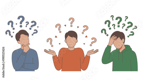 Three confused corporate project managers thinking and shrugging with question marks overhead, ideal for business problem solving presentation, decision making guide and corporate training blog