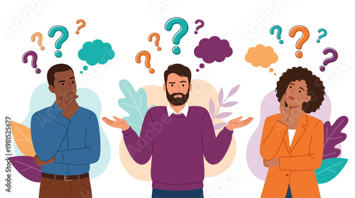 Diverse group of project managers and analysts confused with question marks above heads, ideal for business problem solving, corporate training and professional decision making blogs