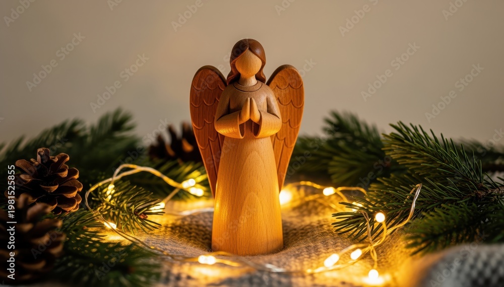 Fototapeta premium Christmas Angel: A serene wooden angel figurine rests amid twinkling lights and seasonal greenery, exuding a sense of peace and seasonal warmth.