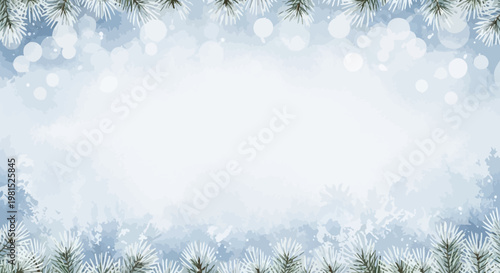 Winter border background with frosted pine branches and bokeh lights