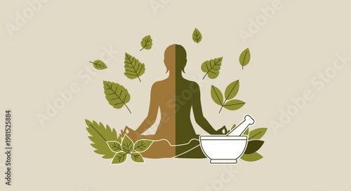 Woman meditating in nature with mortar and pestle