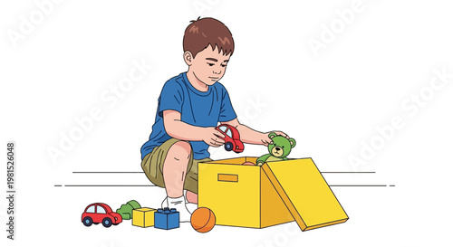 Young boy putting toy car into a box of toys