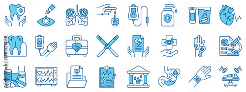 Medical Services Icon Set. Filled Line Icons Including Dental Care, Eye Drops, Lungs, Blood Test, IV Drip, Hand Sanitizer, Medicine Bottle, Heart, Medical Kit, Lab Analysis, Injury, Laboratory