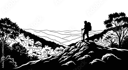 Silhouetted hiker stands atop a rocky peak, surveying a vast, layered landscape under a clear sky
