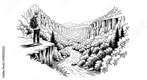 Solitary traveler with a backpack stands on a dramatic cliff, admiring the majestic view of a winding river carving through a vast, natural canyon landscape, embracing adventure and serenity