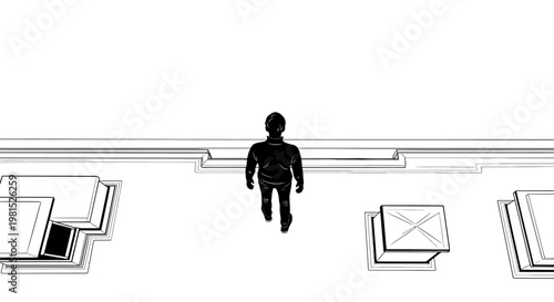 A solitary figure walks through an expansive, abstract technological environment, symbolizing personal exploration and the path forward in a structured, data-driven world