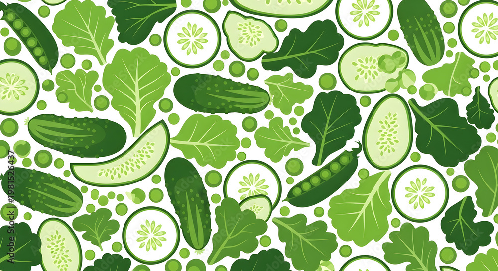 seamless green cucumber and leaf pattern on white background for fresh design