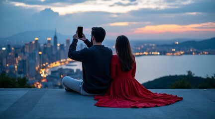 Couple captures cityscape sunset from scenic overlook