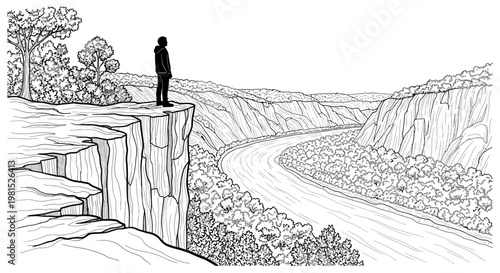 Person contemplating a vast river valley from a cliff edge, an illustration of human introspection and connection with nature
