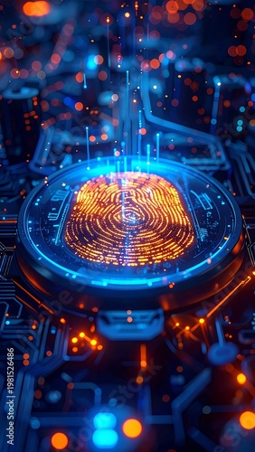 A futuristic, glowing circuit board with vibrant orange and blue lights