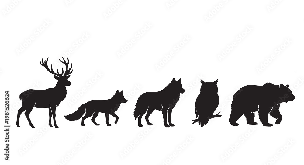 Fototapeta premium Wild Animals Silhouette Collection Vector Illustration Set of Wildlife Farm and Pet Mammals Design