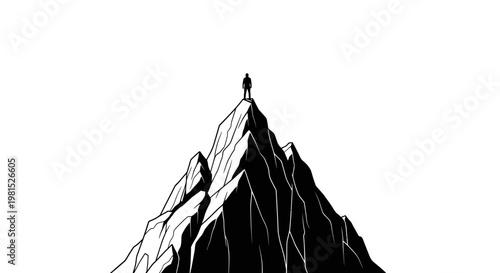 A solitary figure stands triumphantly atop a jagged mountain peak, a powerful black and white illustration symbolizing achievement, ambition, and the journey to conquer personal heights