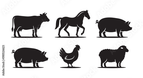 Farm animals silhouette collection vector set including cow horse pig sheep and other animals