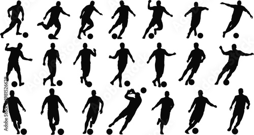 Diverse soccer player silhouettes in dynamic action poses with a ball