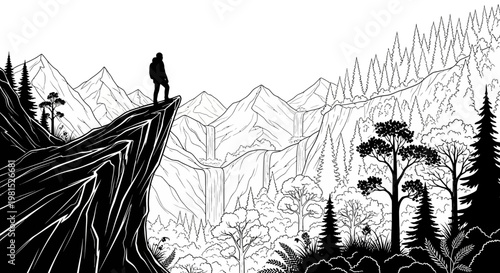 Man Standing on Cliff Edge Overlooking Vast Mountain Landscape with Dense Forest Below