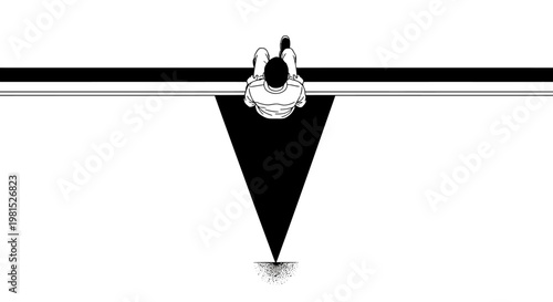 Minimalist aerial view of a person balancing on a tightrope with a large shadow cast below