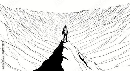 A lone figure stands atop a mountain peak, overlooking a vast, abstract canyon landscape rendered in stark black and white lines, evoking a sense of isolation and contemplation