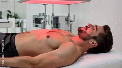 Man receiving red light therapy on a medical bed