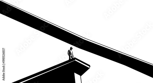 A lone figure stands atop a structure, contemplating a vast, diagonal line stretching across the frame, suggesting a moment of decision or perspective