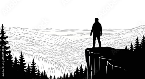 Silhouette of a lone figure standing on a cliff's edge, gazing at a vast mountainous landscape under a clear sky