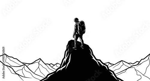 A solitary adventurer stands triumphantly on a majestic mountain peak, symbolizing the concept of ultimate achievement, perseverance, and the spirit of exploration