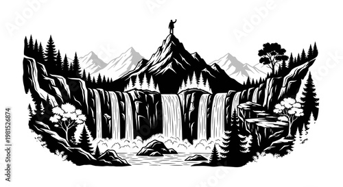 Majestic waterfall cascading down a mountain amidst lush trees and rugged peaks, a person celebrates on the summit