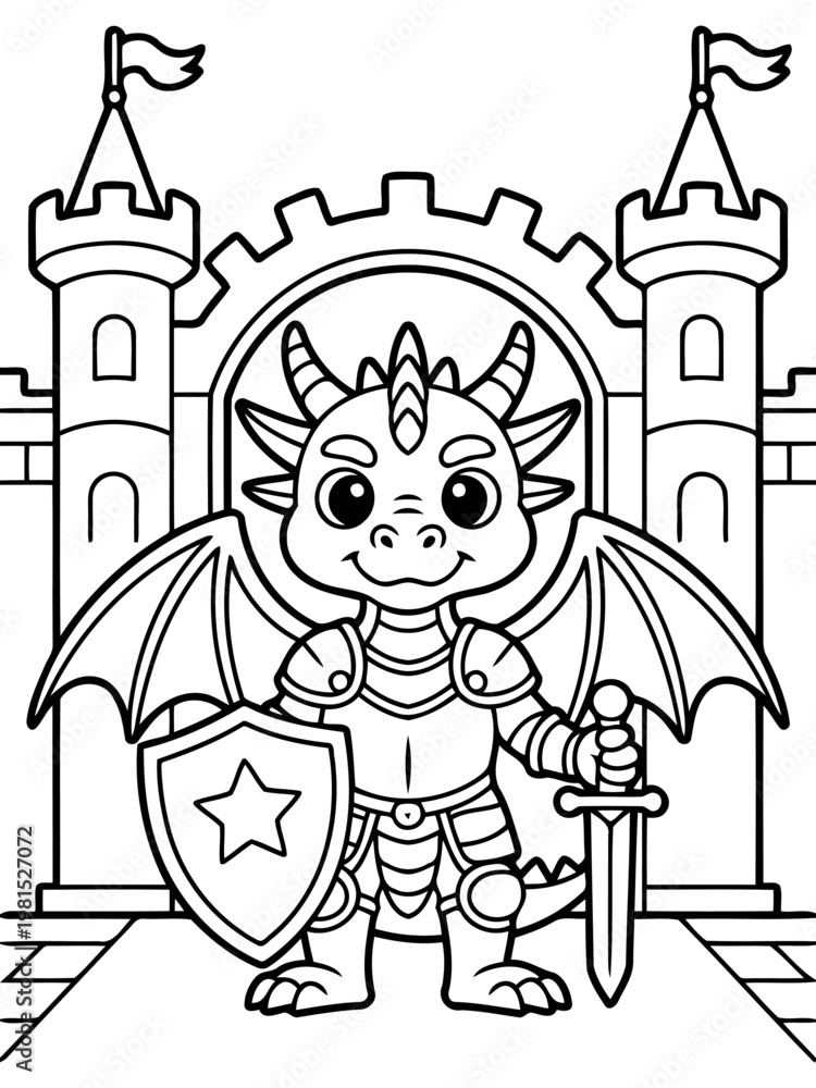 Naklejka premium Brave Dragon Knight in Front of a Castle: A whimsical illustration depicts a courageous dragon knight, ready to defend a majestic castle. Armed with a sword and shield.